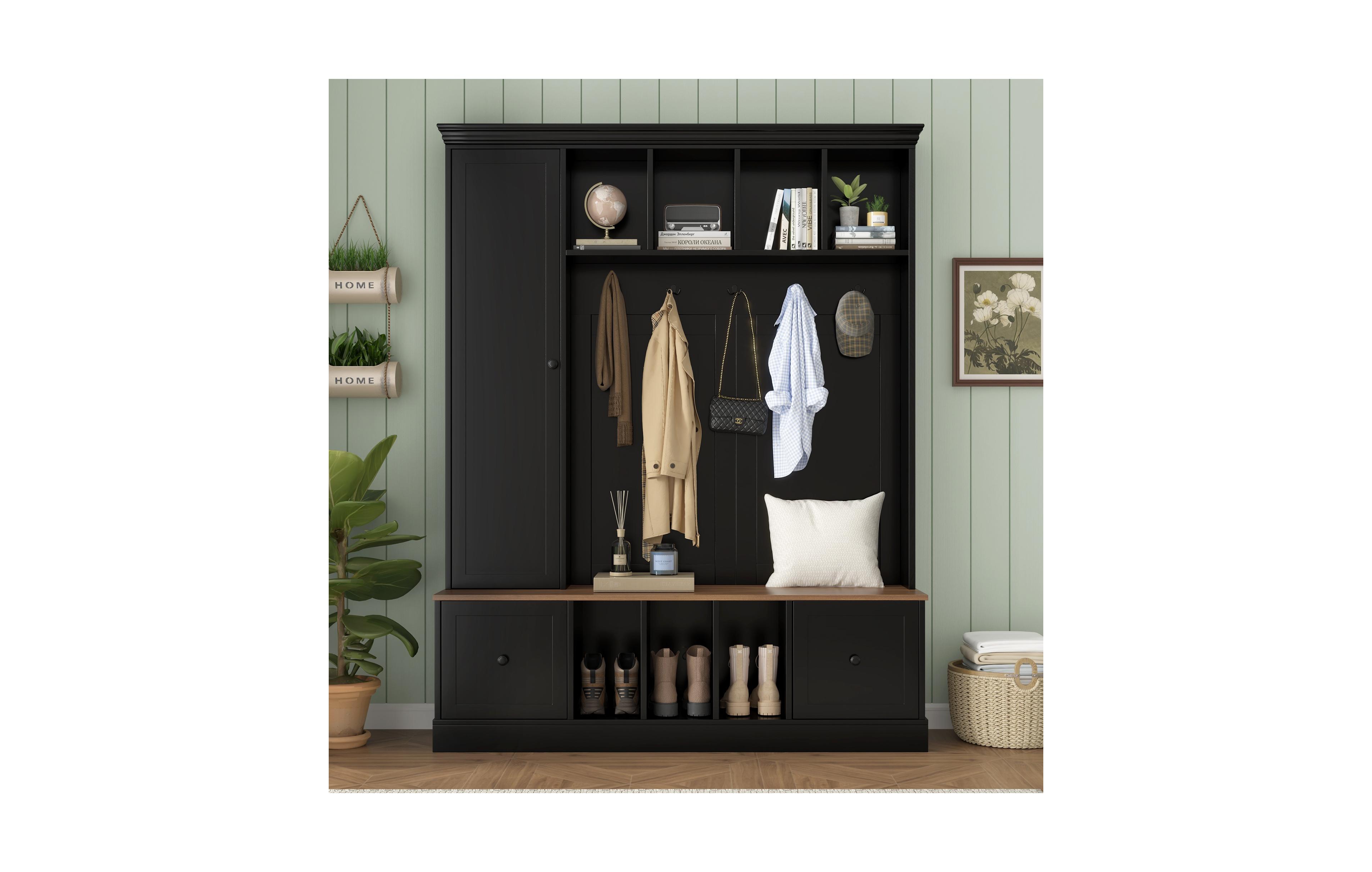 Clihome 62.2"W Farmhouse Hall Tree with Shoe Storage Bench, Entryway Coat Rack 5 Hooks