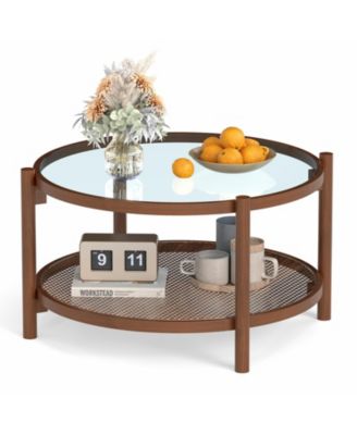 31 Inch 2 Tier Round Coffee Table with Tempered Glass Top for Living Room Cherry, Transparent