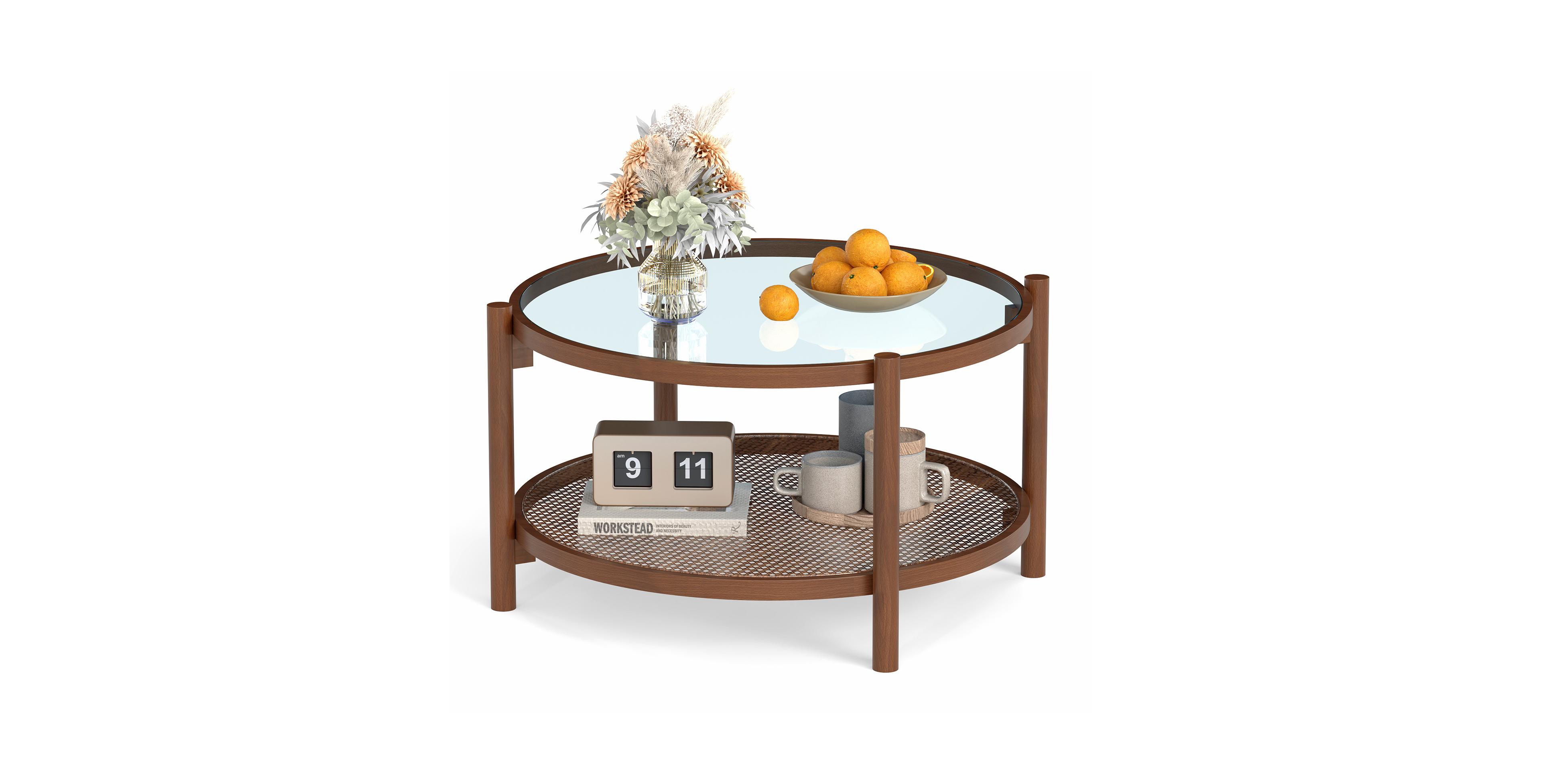 Mecale 31 Inch 2 Tier Round Coffee Table with Tempered Glass Top for Living Room Cherry, Transparent