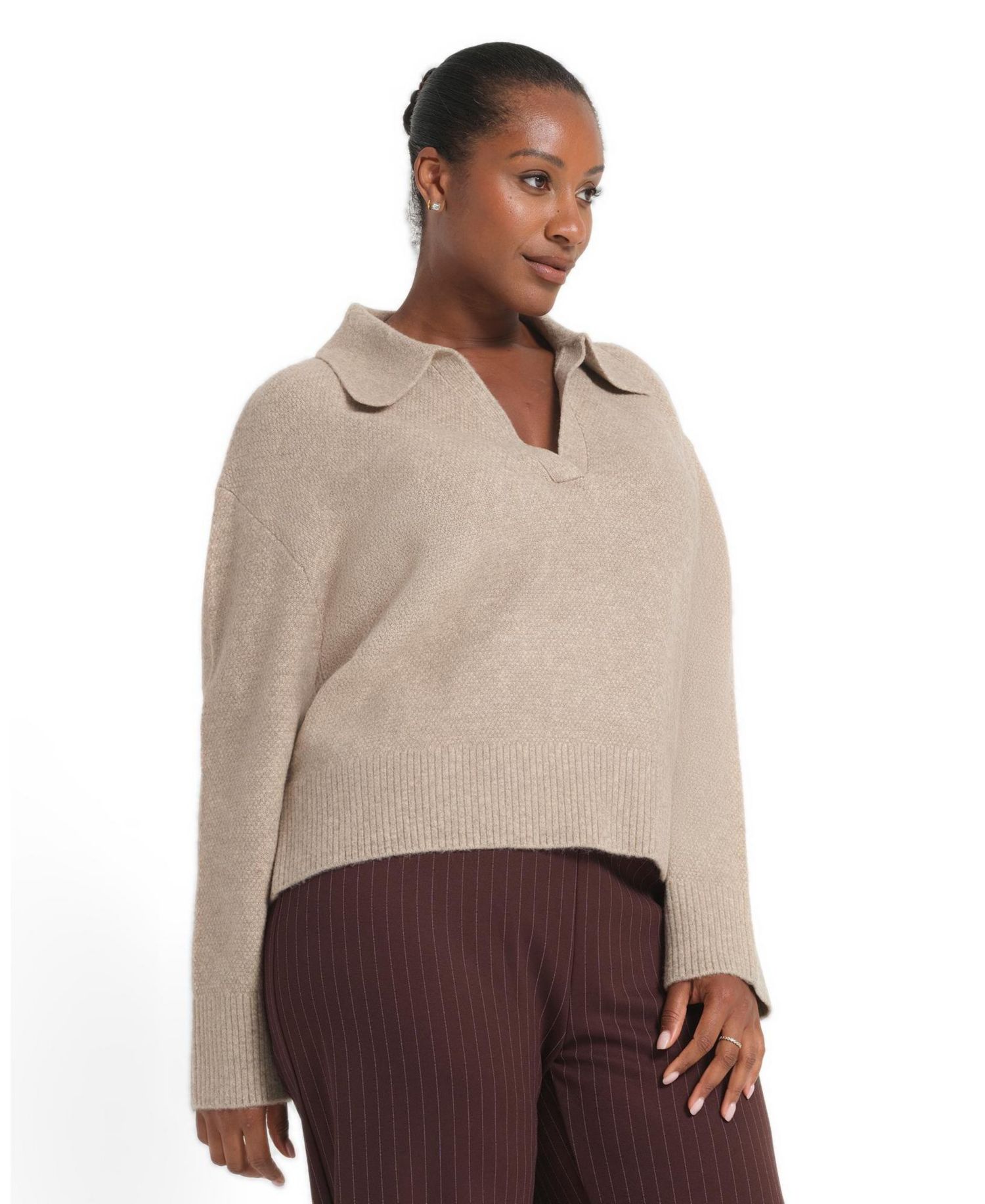 Plus Size Nellie Relaxed-Fit Collared V-Neck Acrylic/Wool-Blend Sweater