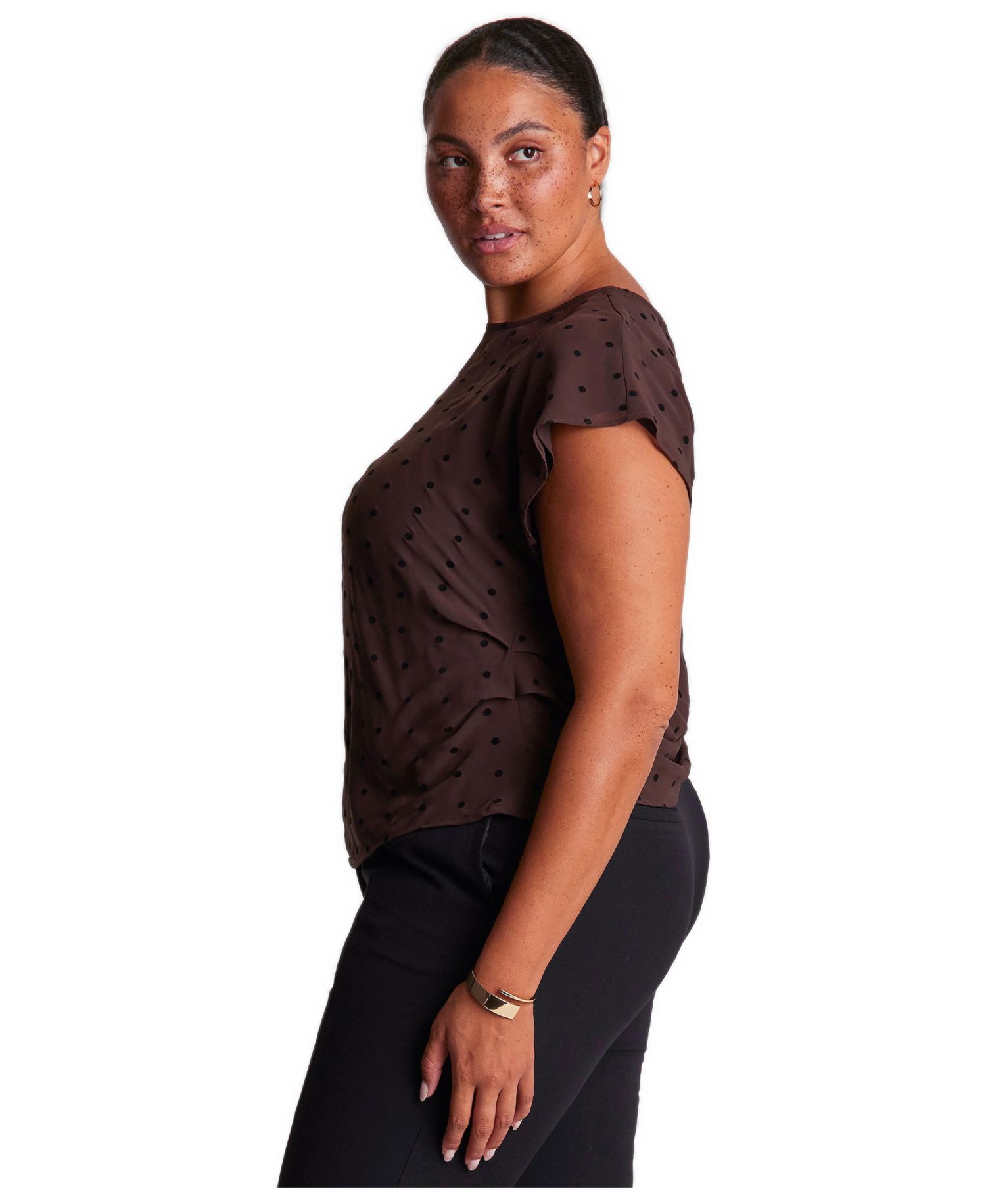 Plus Size Sable Polka-Dot Pleated-Side-Seam Blouse