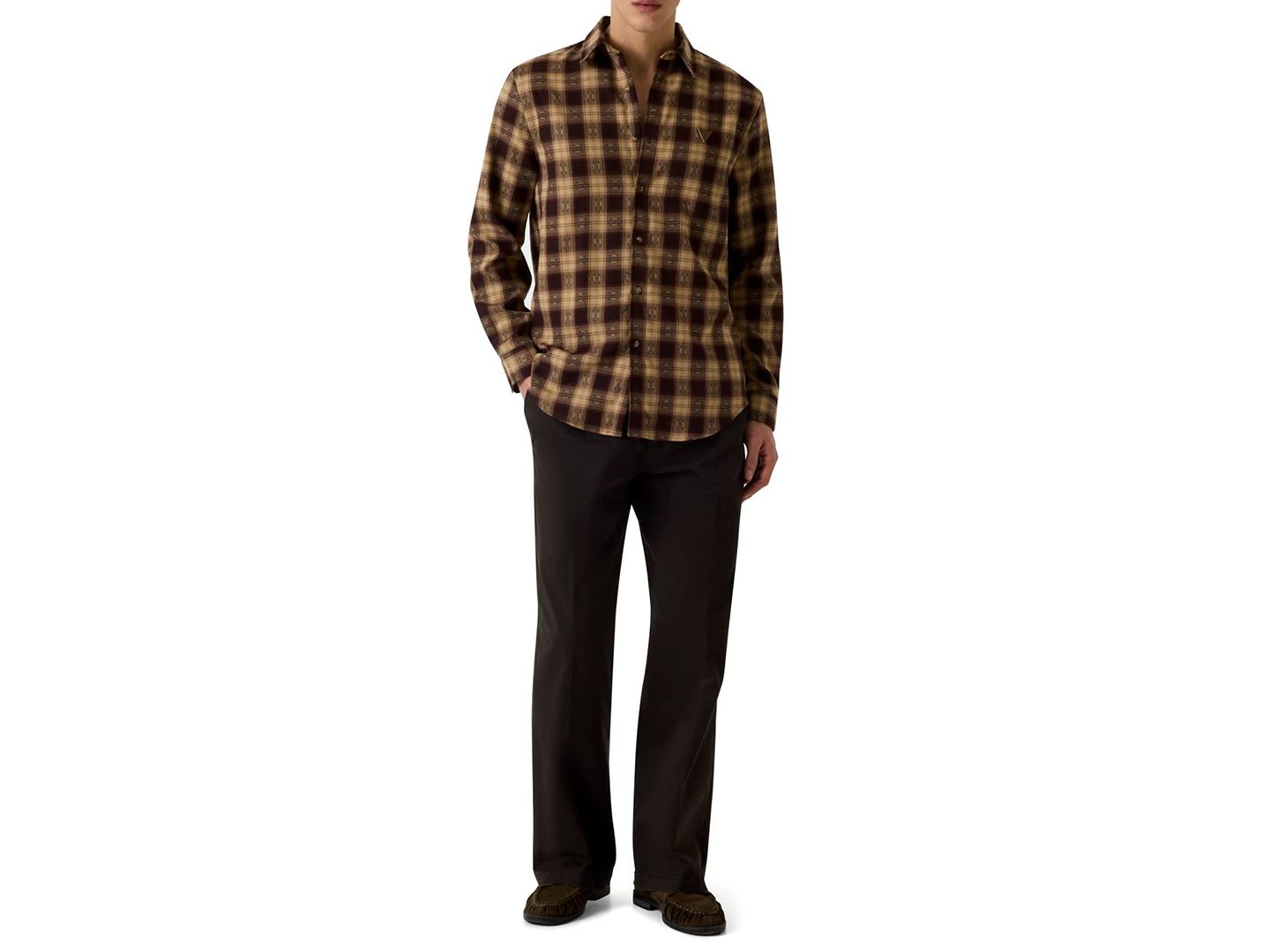 Мужская рубашка GUESS Check Flannel Slim-Fit, цвет: Клетчатый кофейный / Бежевый — фото 2