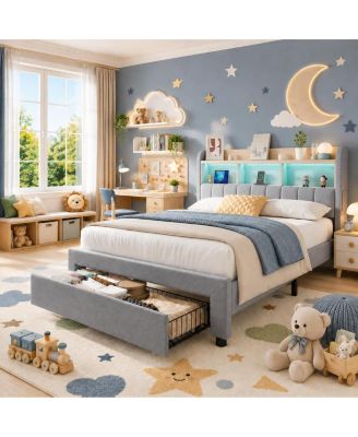Upholstered Platform Bed Frame with Storage Headboard and Charging Station, Linen with LED Light Strip and 2 Drawers, No Box Spring Needed