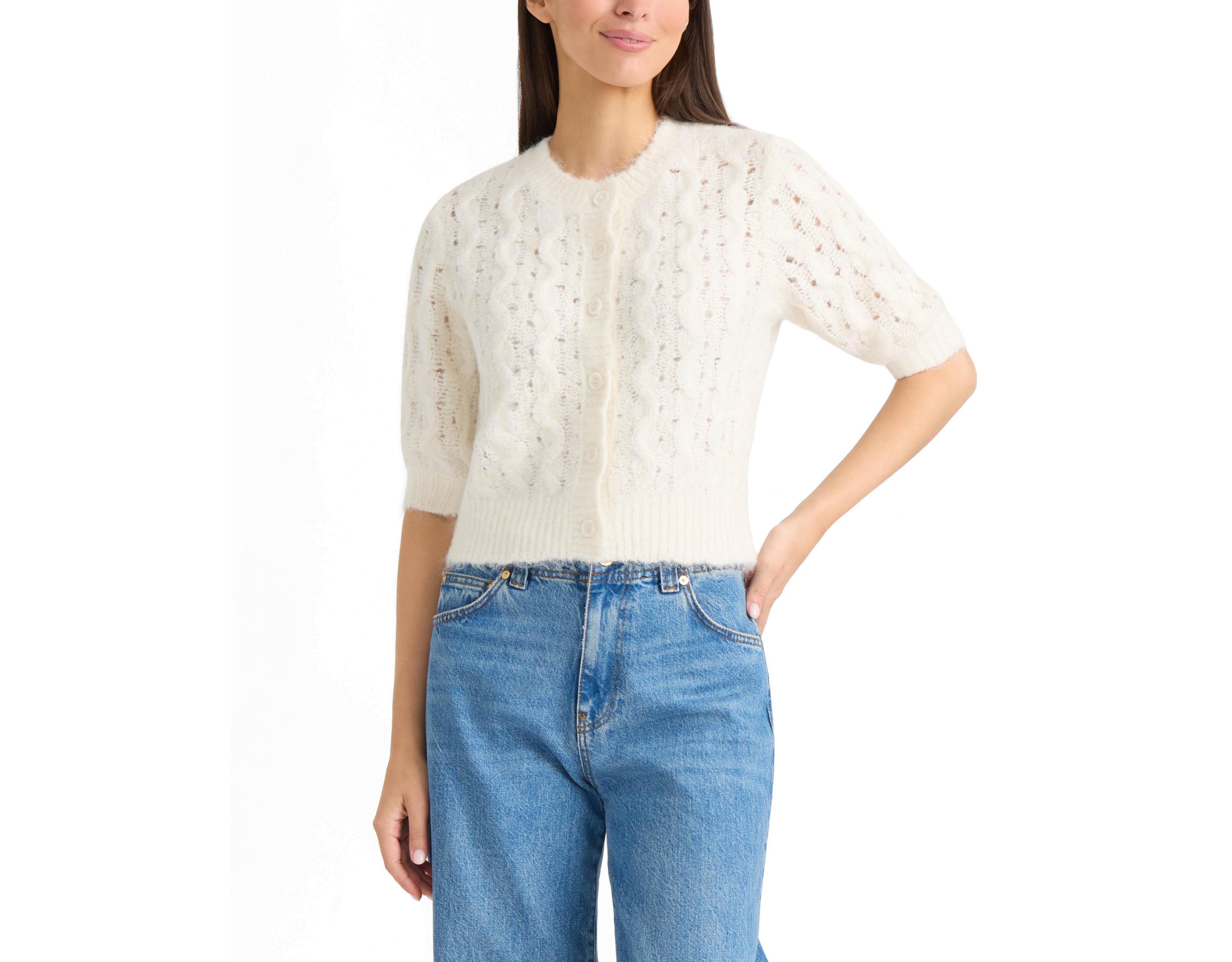 Ellen Tracy Women's Cable Knit and Pointelle Short Sleeve Cardigan
