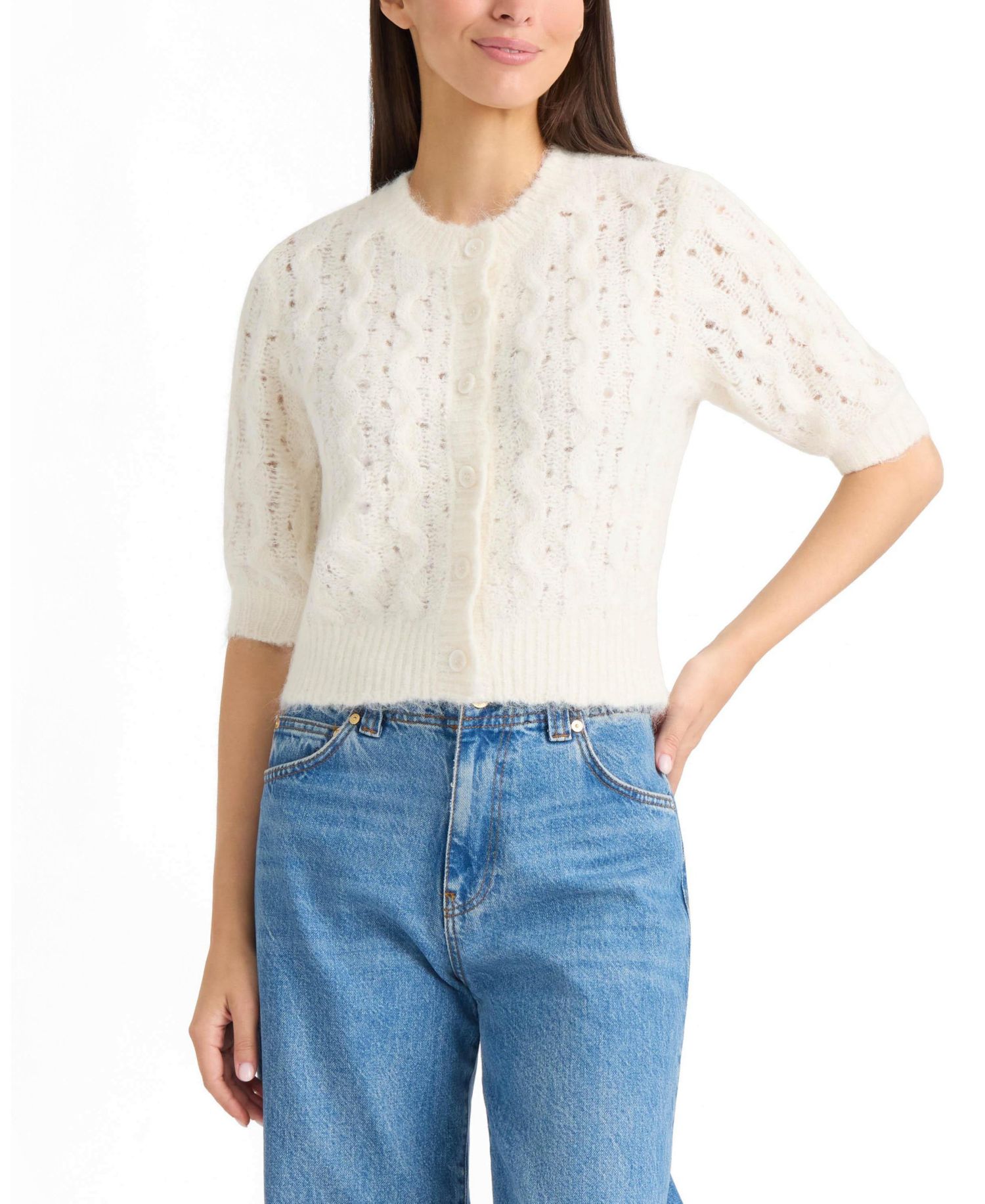 Women's Cable-Knit Pointelle Scalloped Cardigan