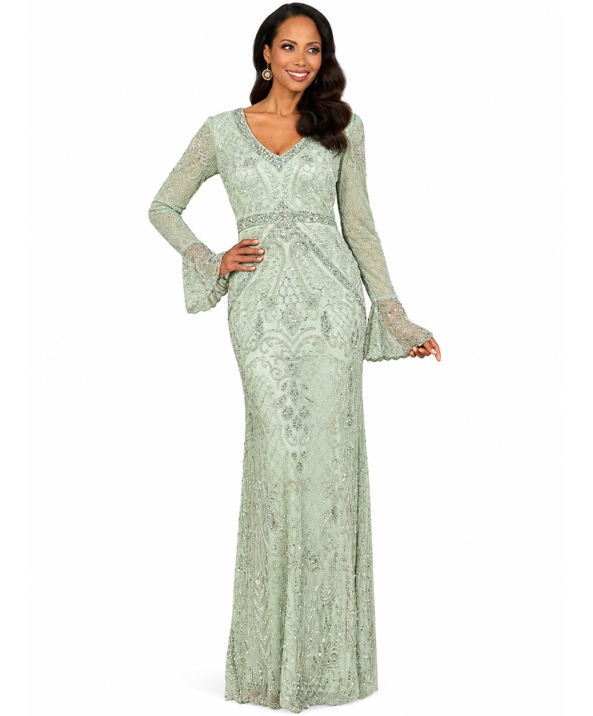 Lara Women's Long Bell sleeve V-neck Beaded Gown - Mint