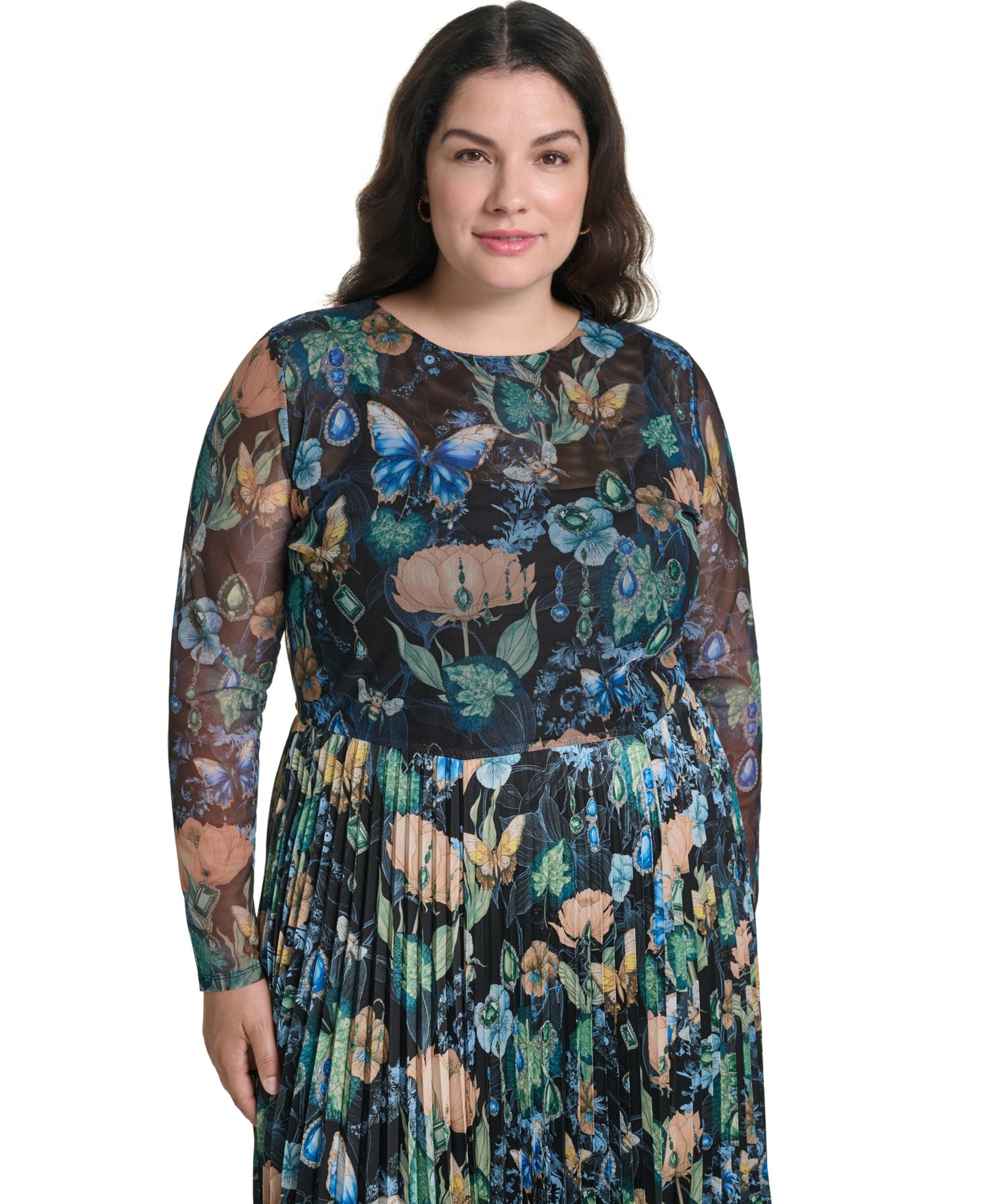 Plus Size Mixed Media Mesh Long-Sleeve Dress