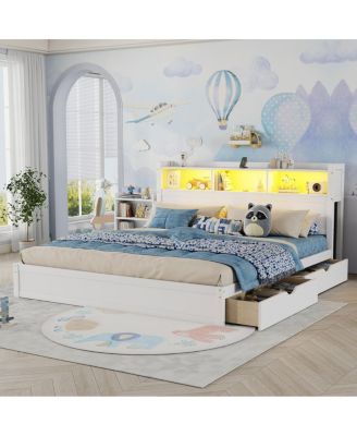 King Size Wood Bed with Drawers, Storage Headboard and Lights