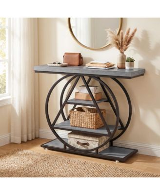 39 Inch Entryway Console Table, Metal Frame Narrow Sofa Table with Open Storage Shelves, Rustic Accent Table for Entrance Hallway Living Room