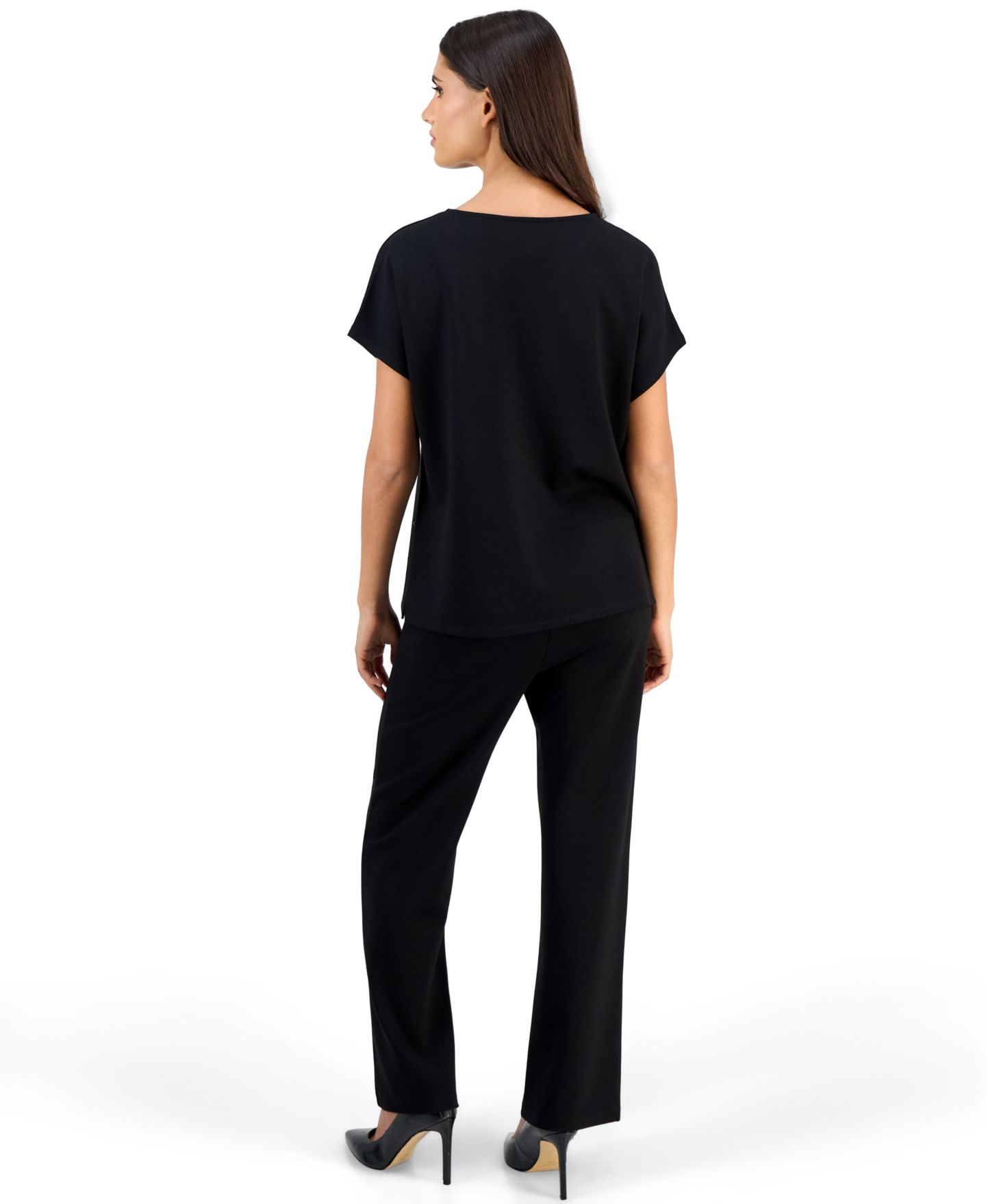 Anne Klein Essentials Women's Serenity Heatset Boat-Neck High-Waisted Wide-Leg Top and Pants, 2-Piece Set, цвет: Чёрный — фото 2