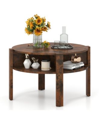 29.5 Inch Round Coffee Table with Storage Shelves for Small Space Rustic