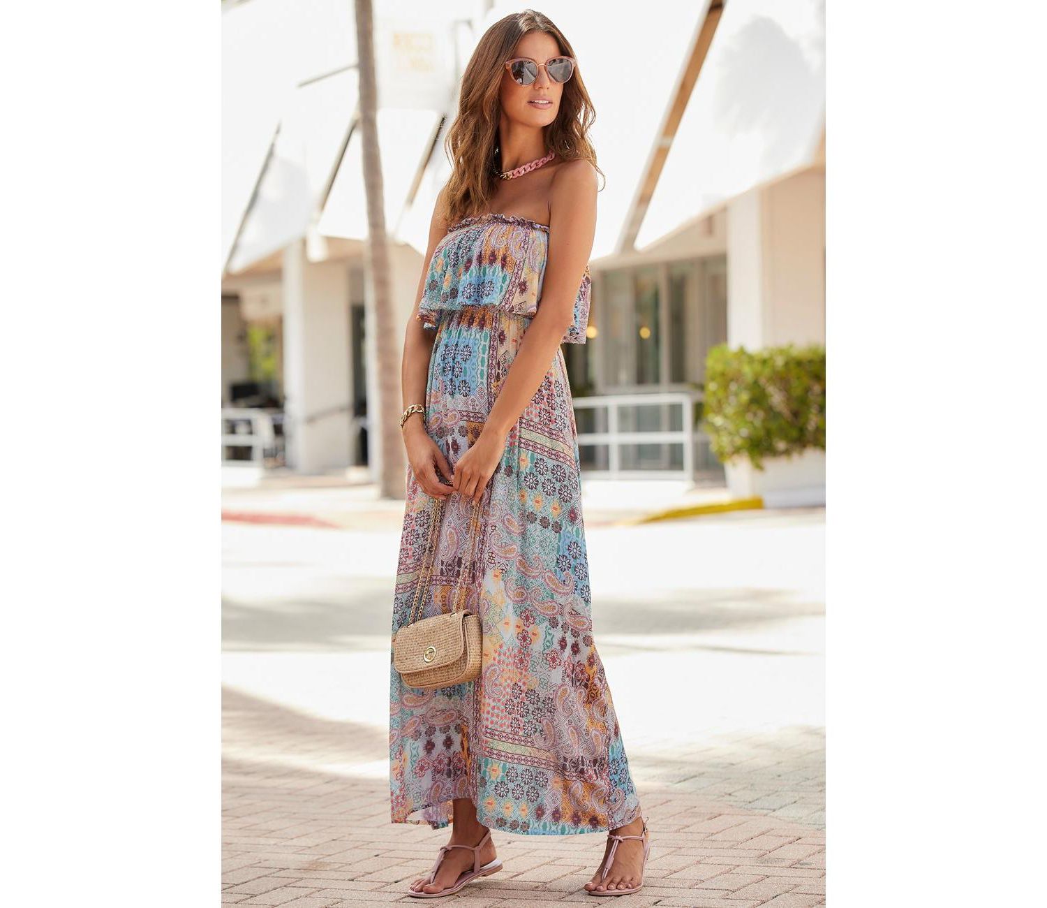 Women's Patchwork-Print Bandeau Ruffle-Trim Maxi Dress