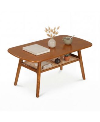 2 Tier Boho Rattan Coffee Table with Rounded Corners