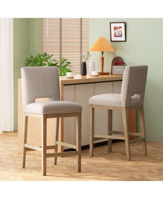 31" Bar Stools Set of 2, Fabric Upholstered Stools With Back, Solid Wood Legs, L-Shaped Backrest, Kitchen Island Seating