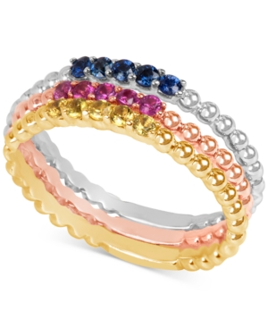 image of Multi-Sapphire Tri-Tone 3-Pc. Set Stacking Rings in 14k White, Yellow, and Rose Gold