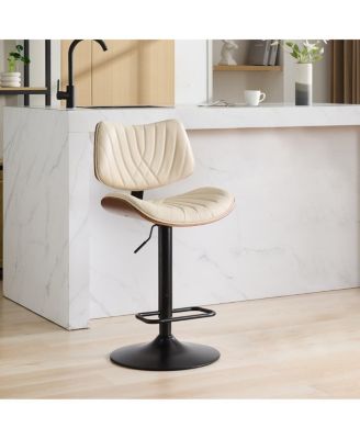Adjustable Swivel Bar Stool, Mid-Century Modern Bentwood Seat, Faux Leather Upholstery, 360degree(s) Swivel, Kitchen Island Bar Chair