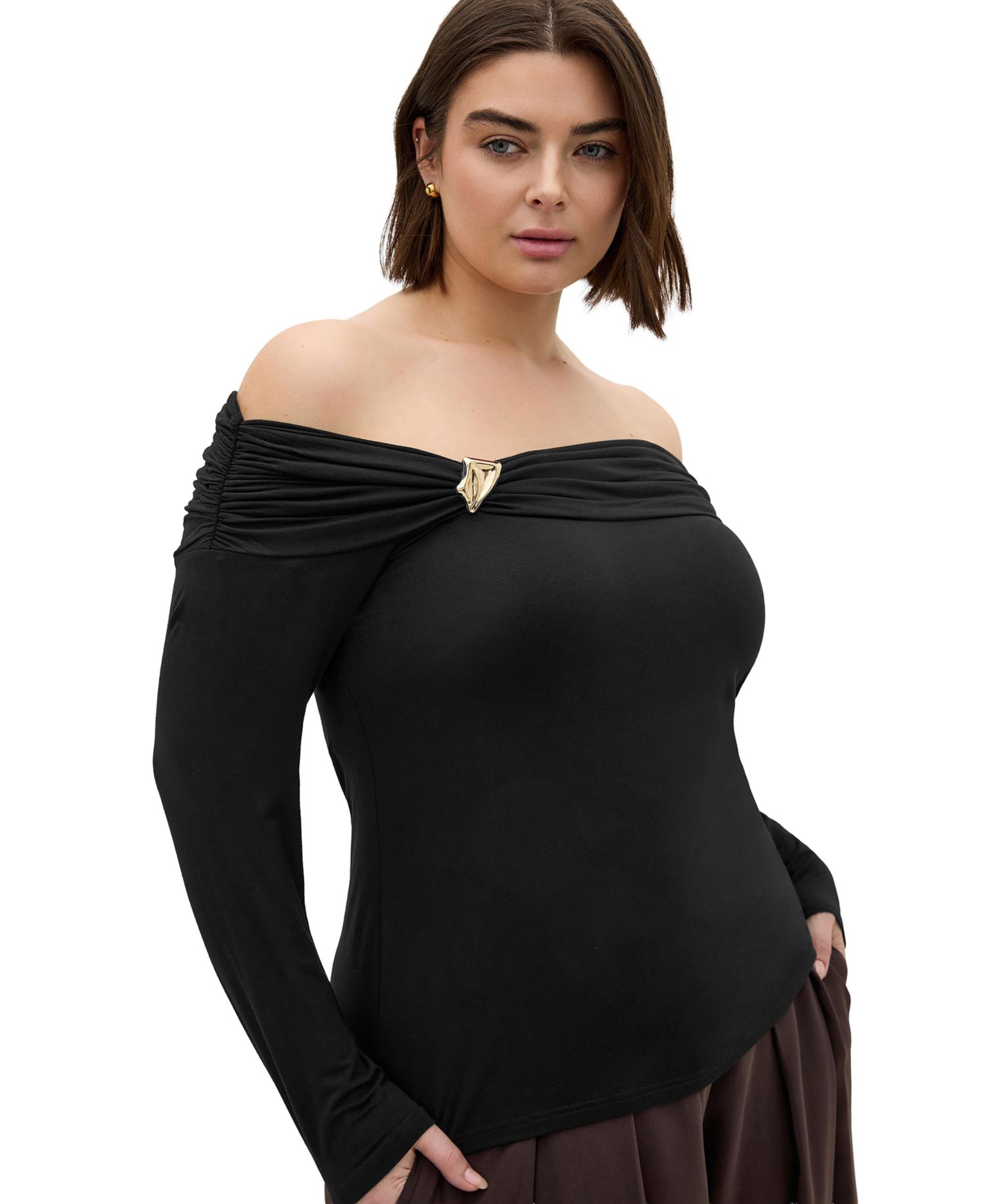 Women's Buckle Off Shoulder Long Sleeve Top