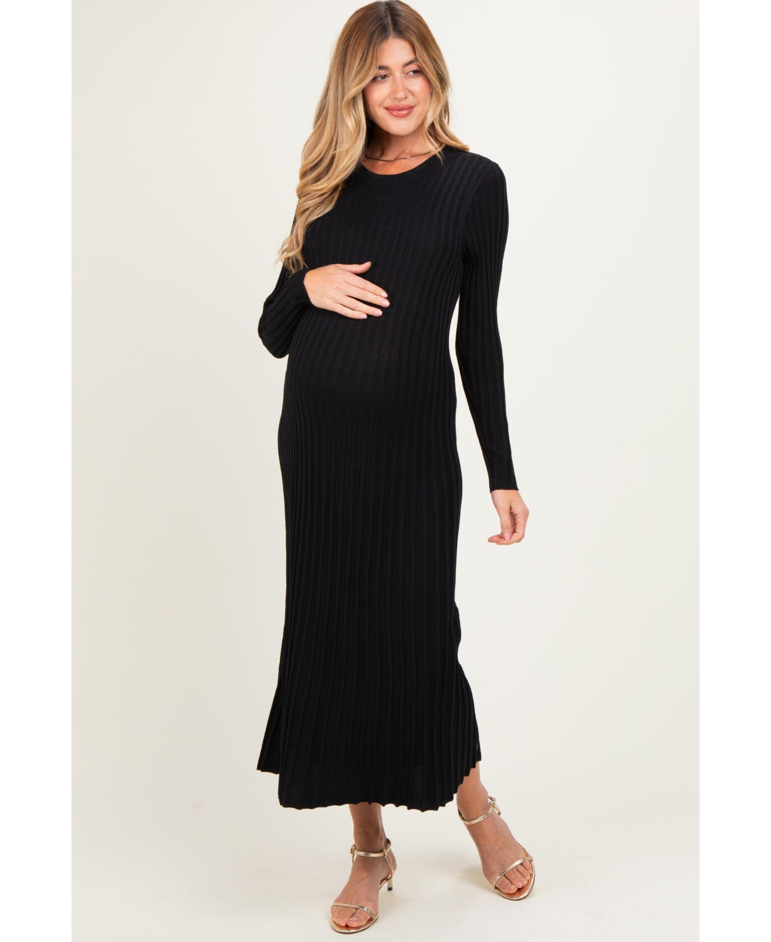 Maternity Long-Sleeve Ribbed Crewneck Sweater Midi Dress