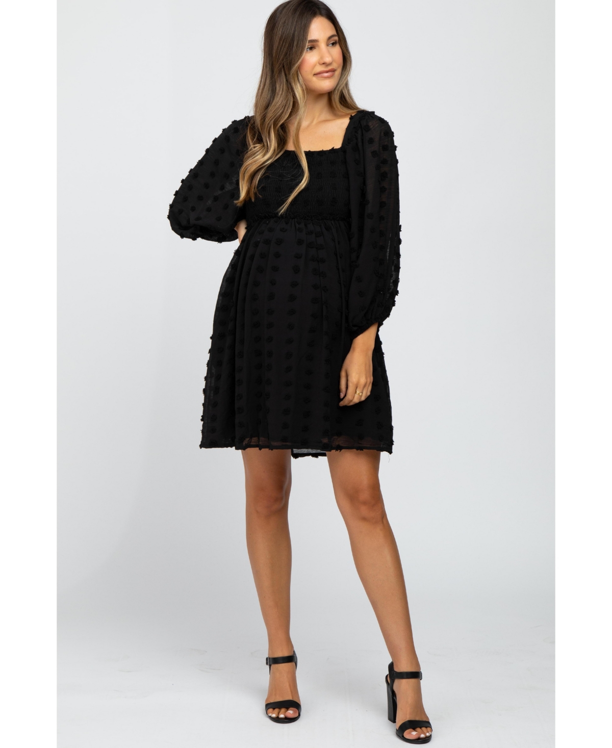 Pinkblush Maternity Pink Textured Dot Smocked Square Neck Chiffon Dress - Black