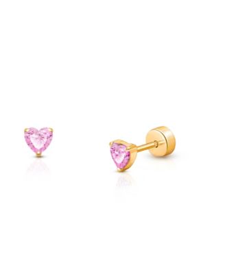 14K Gold on Titanium Pink Sparkling Heart Stud Screw Back Earrings