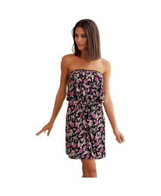 Women's Floral-Print Strapless Elastic-Waist Dress