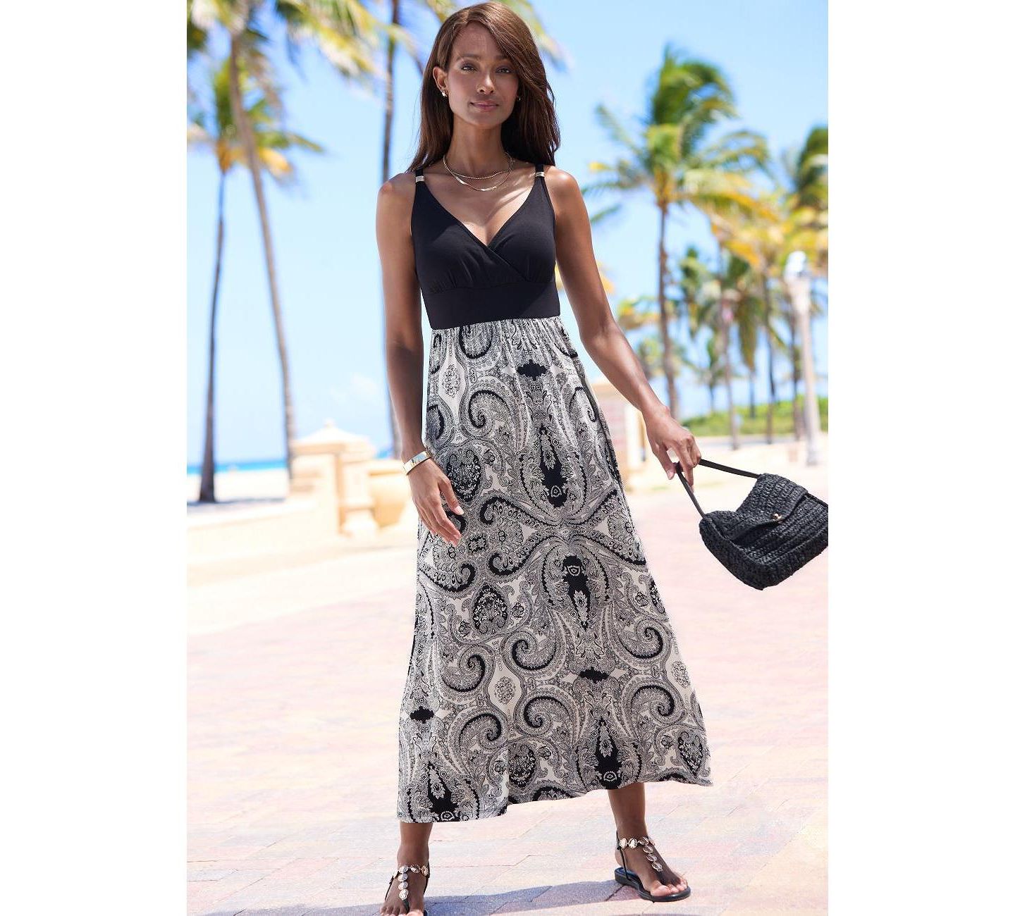 Женское платье Lascana Paisley Empire Waist Maxi, цвет: Чёрный / Молочный — фото 2