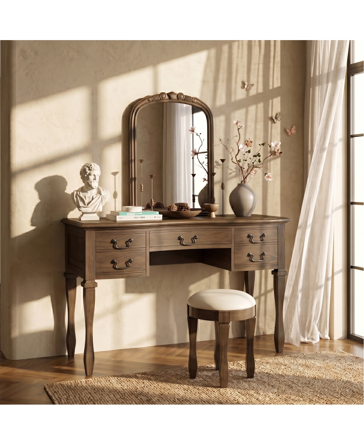 Streamdale Furniture 46" Vintage Espresso Vanity Desk with 5 Drawers, Mirror and Stool
