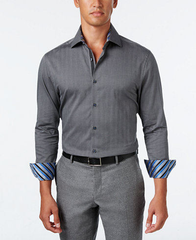 Michelsons of London Men's Slim-Fit Grey Herringbone Untucked Dress Shirt
