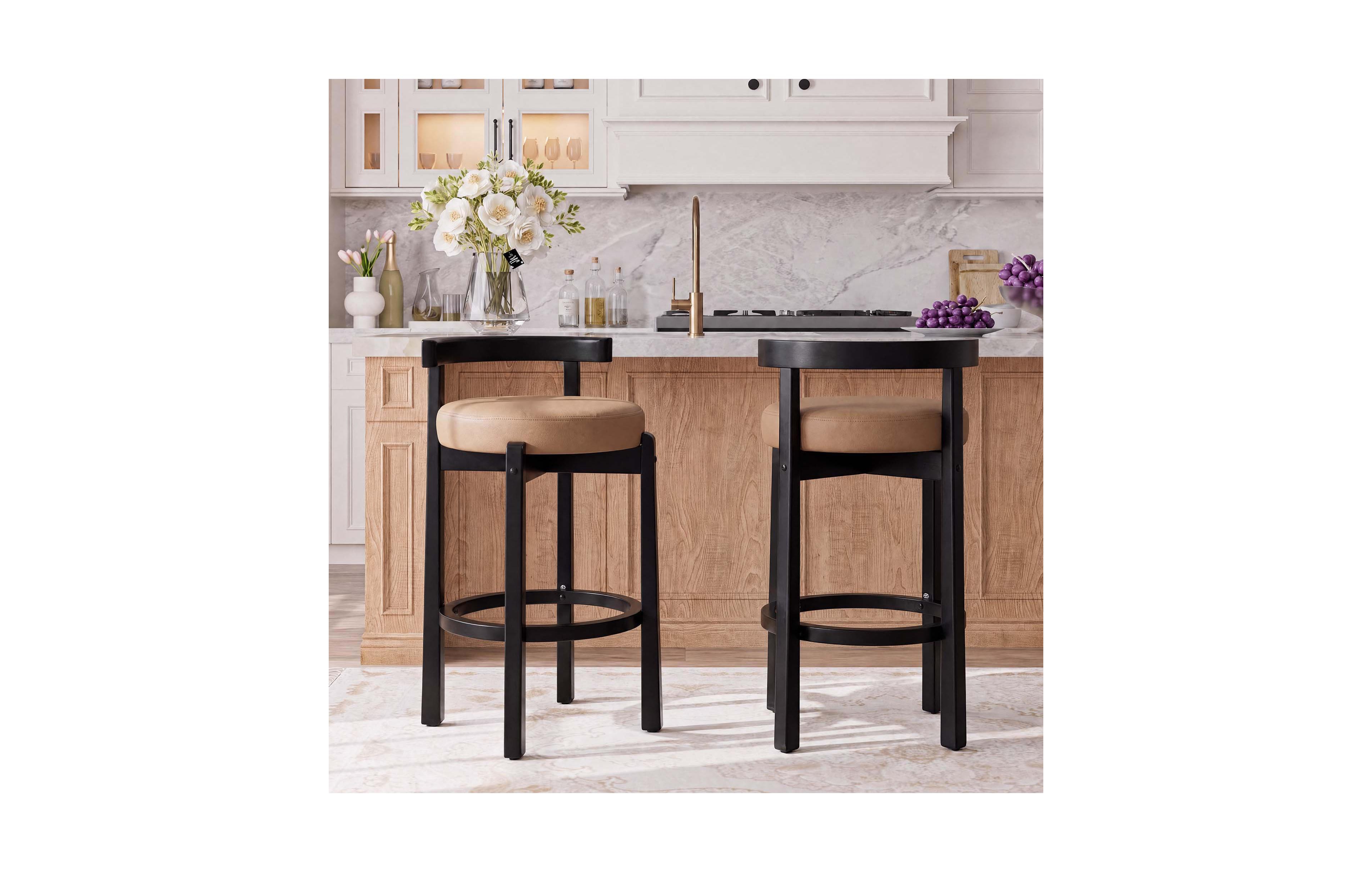 homfan Set of 4 Pu Counter Height Bar Stools with Wood Legs Upholstered Padded Seat Curved Back for Kitchen Island Home Bar