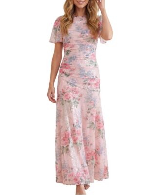 Women's Palace Garden Sequin Floral-Print Short-Sleeve Gown