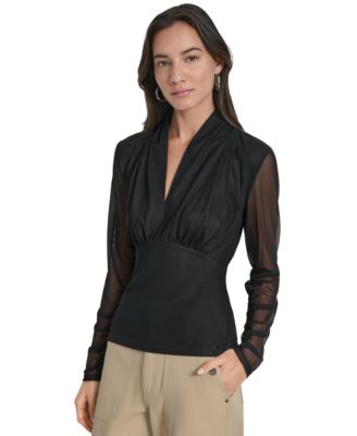 Women's Mesh V-Neck Long-Sleeve Top