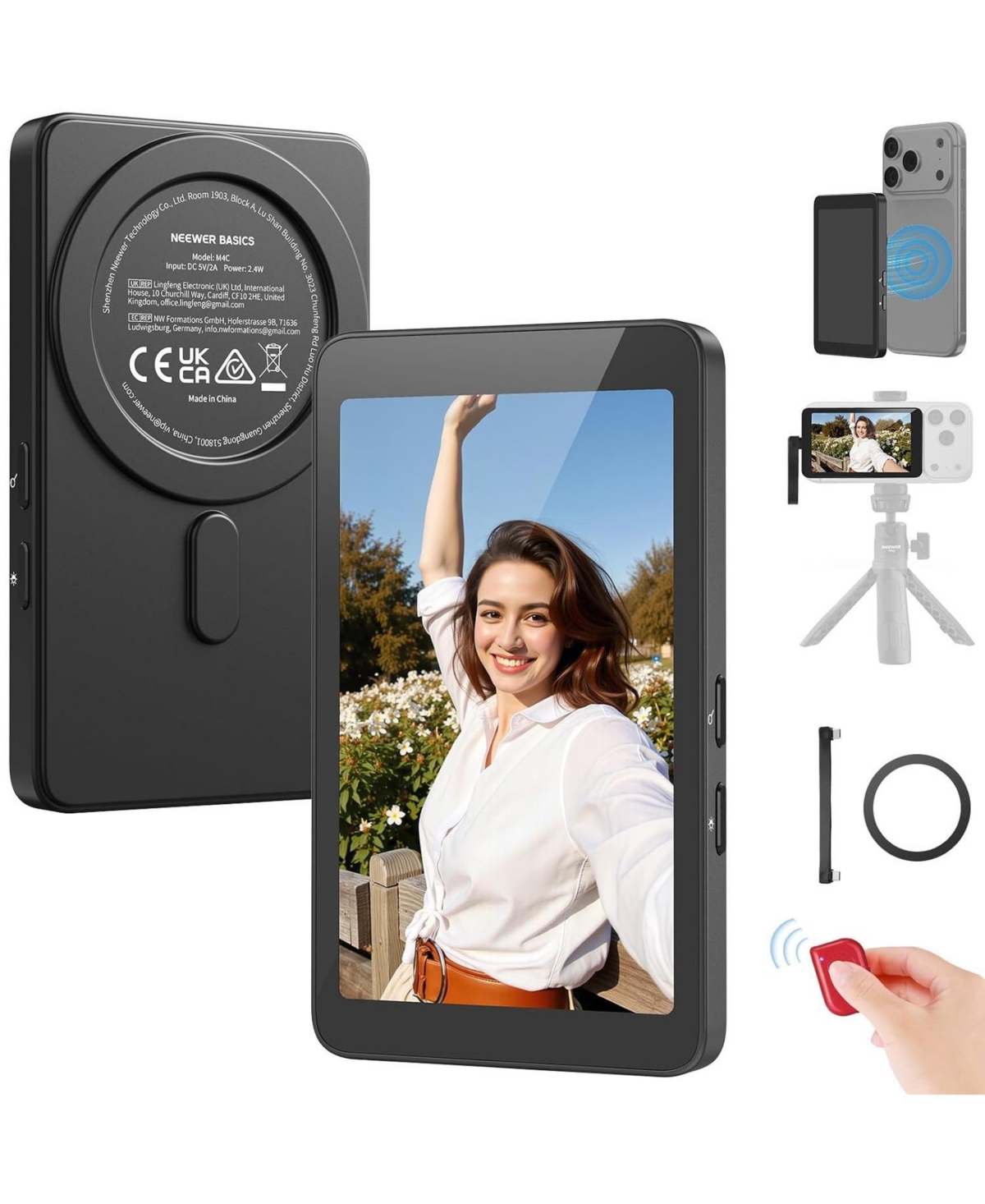 Lamicall 4-Inch Smartphone Selfie Monitor with Magnetic Attachment and Bluetooth Remote Phone Stand Compatible with iPhone 15-17 Series