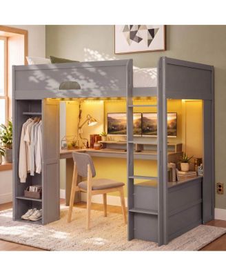 Solid Wood Full Loft Bed with L Desk Wardrobe and LED Lights