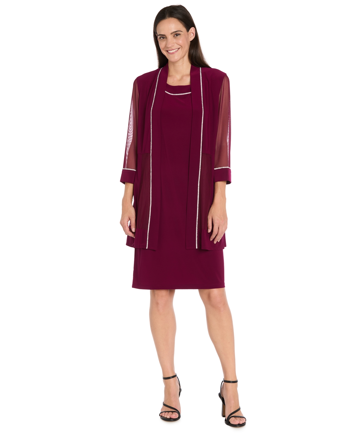 R & M Richards Women's 2Pc. Rhinestone-Trim Sheath Dress & Open-Front Jacket - Merlot