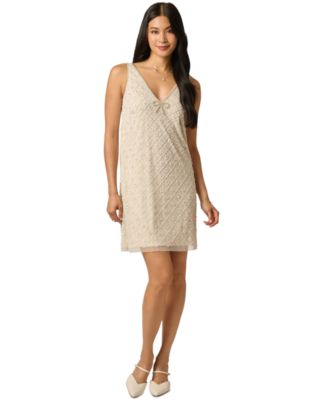 Women's Beaded Trapeze V-Neck Mini Dress