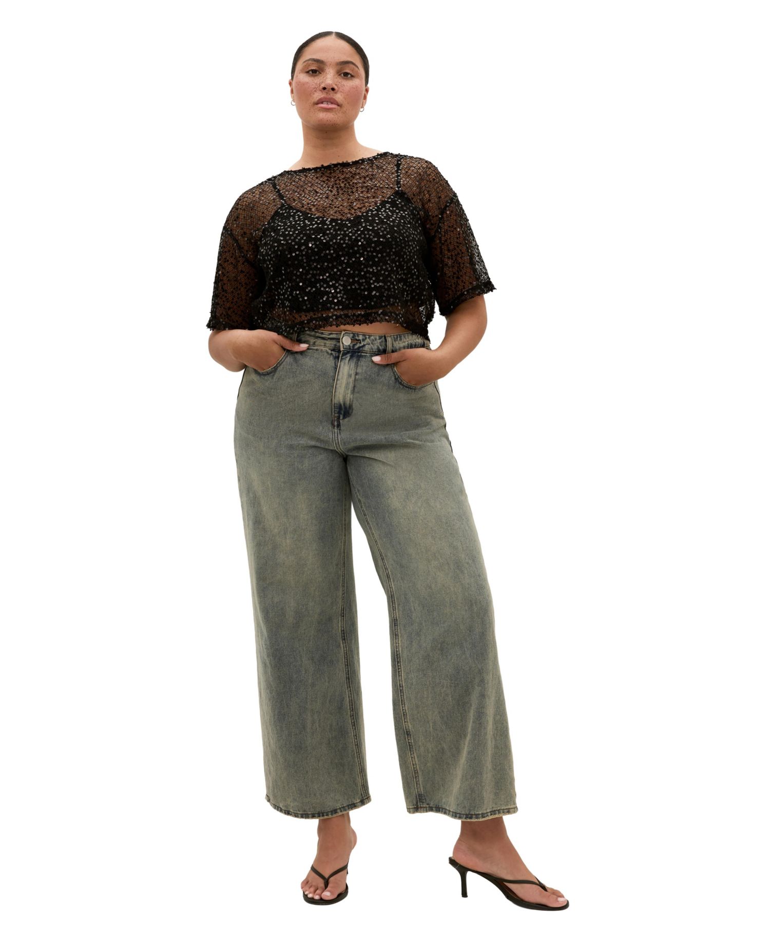 Plus Size Stardust Sheer-Mesh Sequin Crop Top