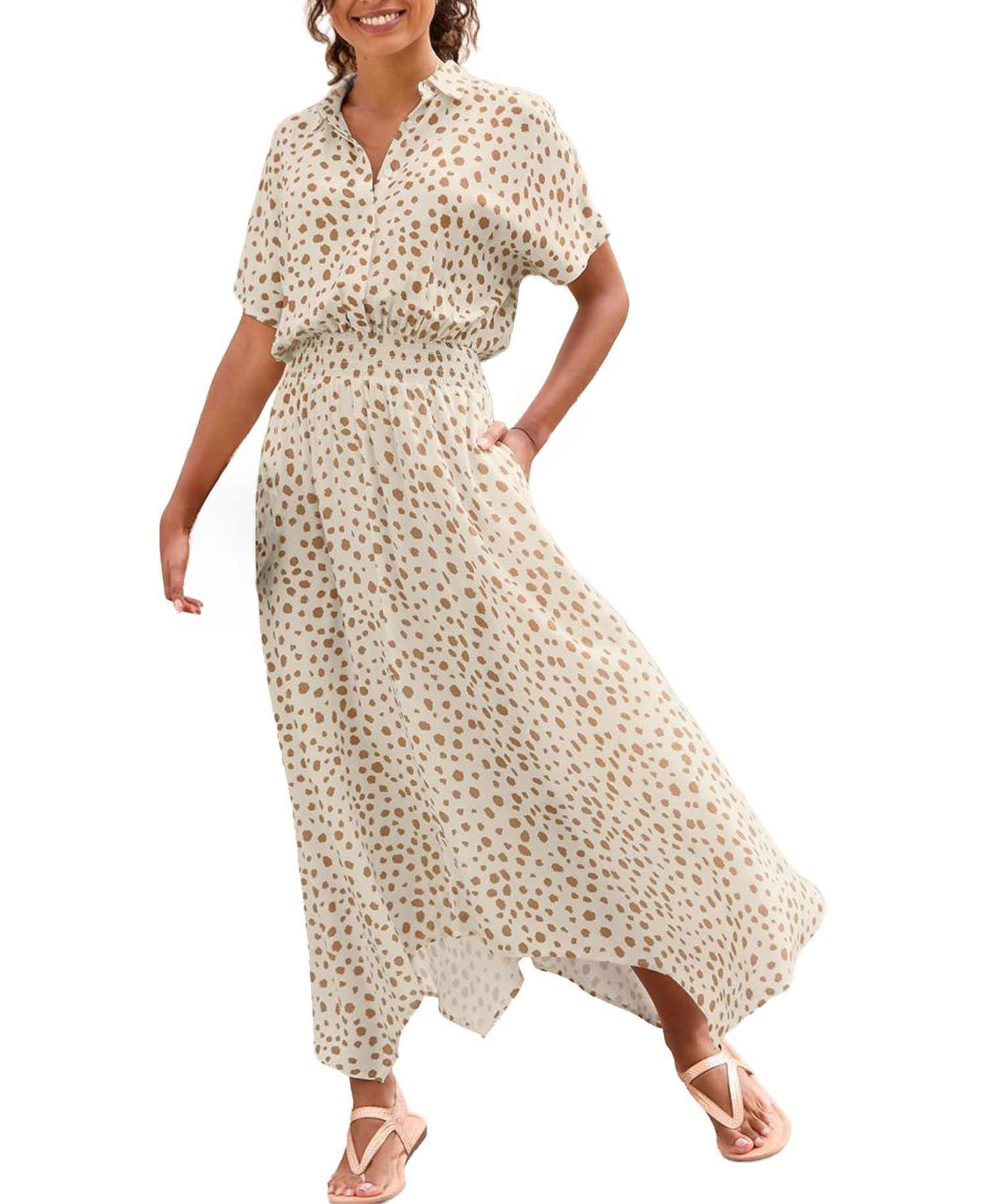 Women's Printed Shirt Collar A-Line Midi Dress
