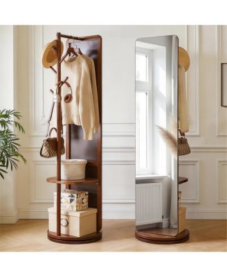 70" Swivel Full Length Mirror with Solid Wood Coat Rack and Storage Shelf Freestanding Dressing Mirror