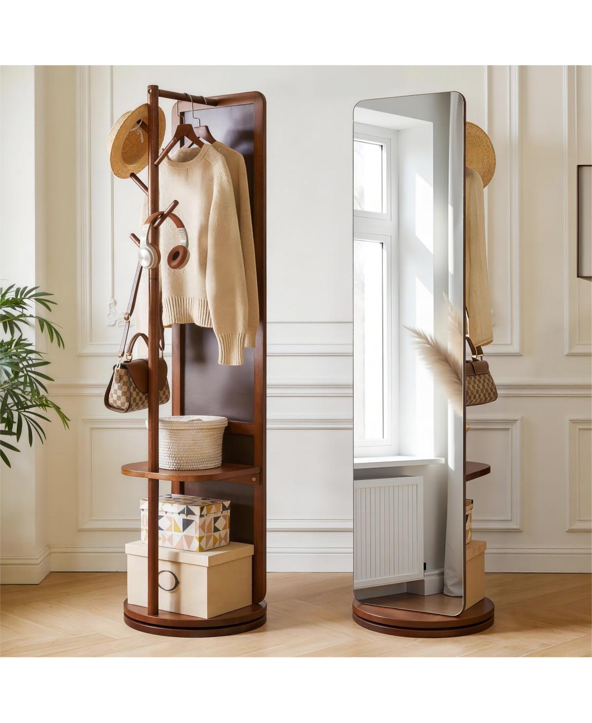 Laoties 70" Swivel Full Length Mirror with Solid Wood Coat Rack and Storage Shelf Freestanding Dressing Mirror