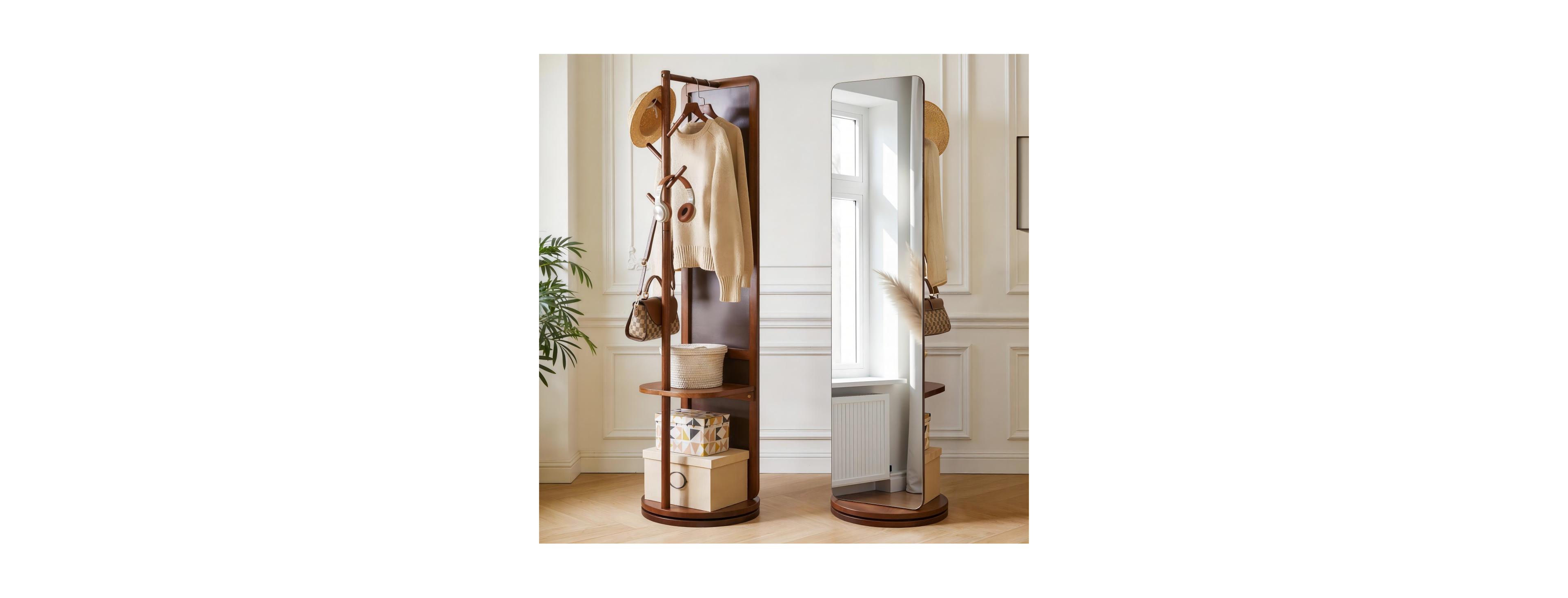 Laoties 70" Swivel Full Length Mirror with Solid Wood Coat Rack and Storage Shelf Freestanding Dressing Mirror