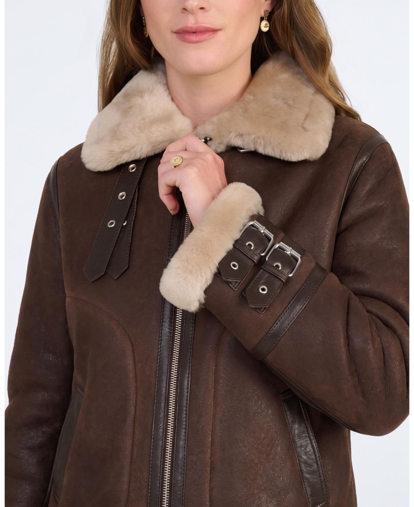 Женская куртка Furniq UK Briar Vintage Brown Sheepskin Aviator, цвет: Винтажный коричневый — фото 4