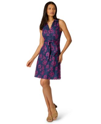 Women's Embroidered Tie-Front Collared V-Neck Dress