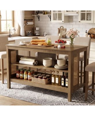 59" Kitchen Island with Storage Shelves and Rattan Accents