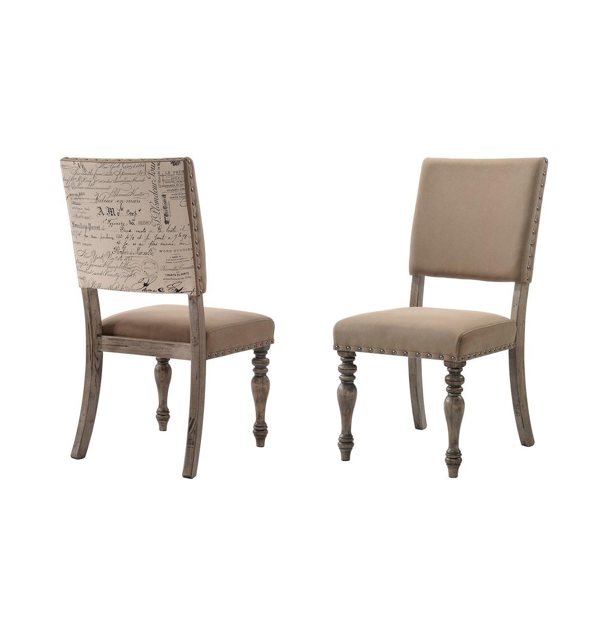 Roundhill Furniture Birmingham Script Printed Driftwood Finish Dining Chair with Nail head, Set of 2