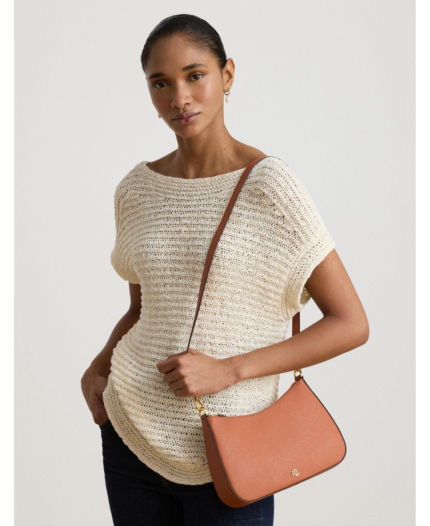 Женская сумка Lauren Ralph Lauren Danni Crosshatch Small Leather Slim Shoulder, цвет: Красный терракотовый — фото 3
