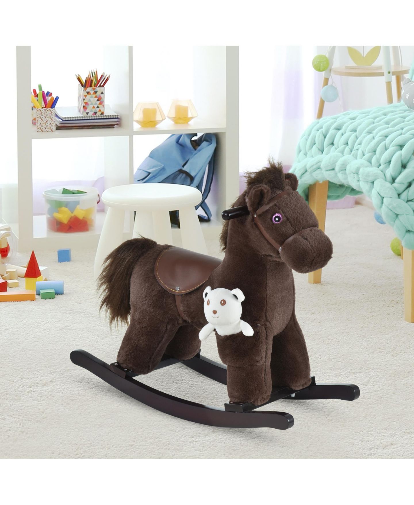 Детская мягкая игрушка Glintex Kids Plush Ride-On Rocking Horse with Bear Toy, Toddler Rocking Chair with Realistic Sounds and Wood Runners for Ages 3 and Up, Holds 66 lbs, цвет: Коричневый — фото 2