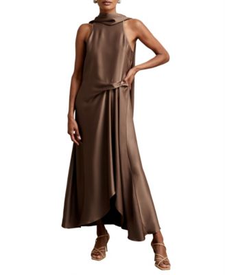 Women's Drape Occasion Satin Cowl-Neck Asymmetrical Midi Dress