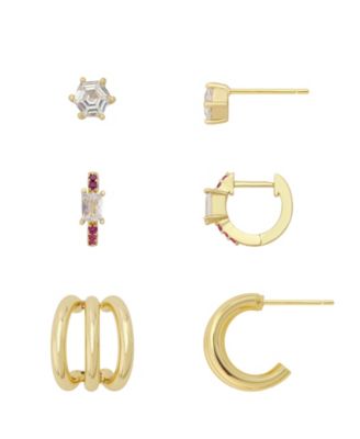 Cubic Zirconia Gold-Tone Trio Stud and Hoop Earrings, 3-Piece Set