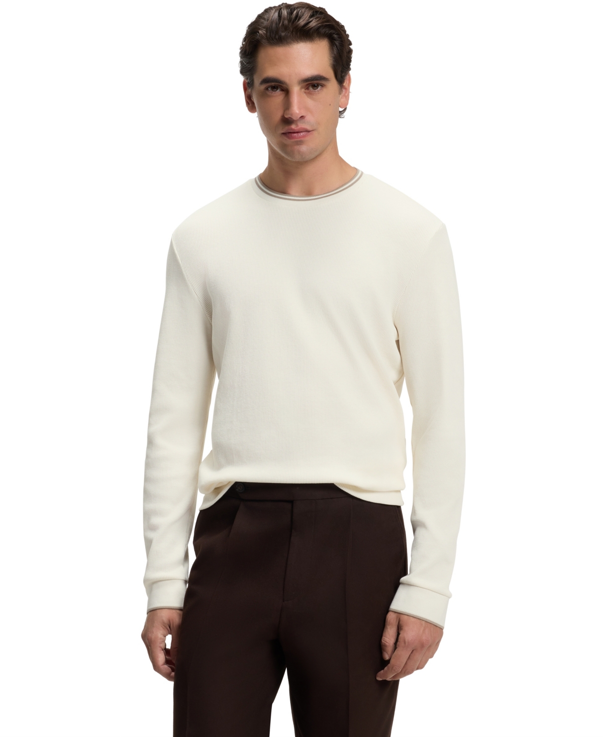 Boss by Hugo Boss Men's Waffle-Structured Cotton-Blend Crewneck Long-Sleeve T-Shirt - Open White