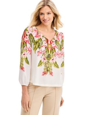 Women's Tropical Shirred Long-Sleeve Top